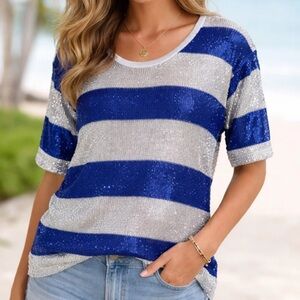 Boston Proper Blue and Silver Striped Sequin Tee